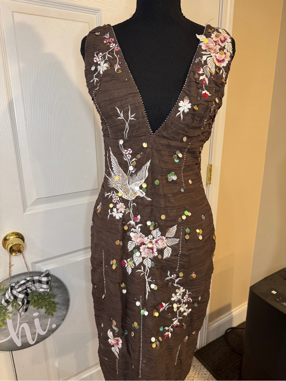 Pin Tucked Ruched “Crane” Embroidered AUTHENTIC MANDALAY Dress, Size 10